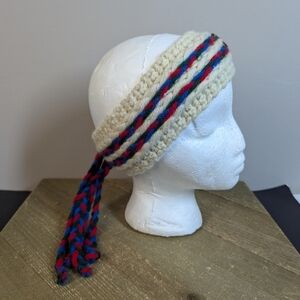Vintage Wool Knit Headband Ear Warmer – Red, Blue & Cream Braided Trim (16